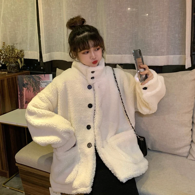 

Lambs coat women's new single row black button Mock Neck granular sweater warm woolen coat in autumn and winter 2019 coat women