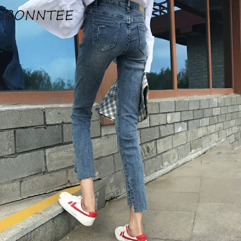 

NEW Jeans Women NEW Scratched Zipper Pockets Chic Pencil Retro Womens Skinny Soft Students Korean Style High Quality Simple Dail