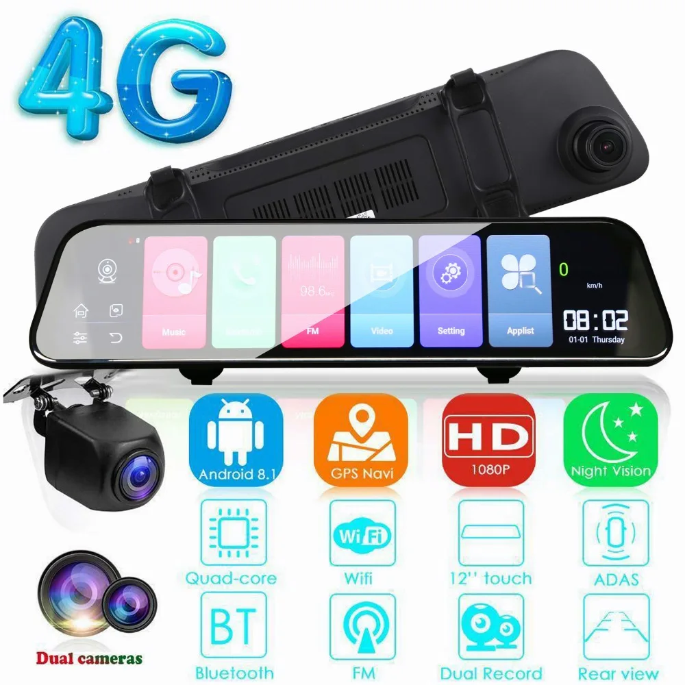 12 дюймов Android 8,1 Adas Dash Cam Автомобильный видеорегистратор Gps Bluetooth навигация Fhd видео рекордер 4G Wifi Dvr зеркало