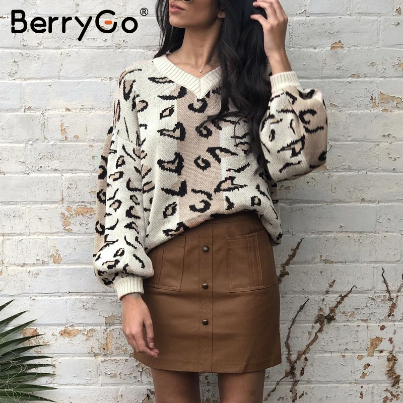 BerryGo Leopard print knitted sweater women Autumn winter female casual pullover V neck lantern sleeve streetwear ladies jumpers | Женская