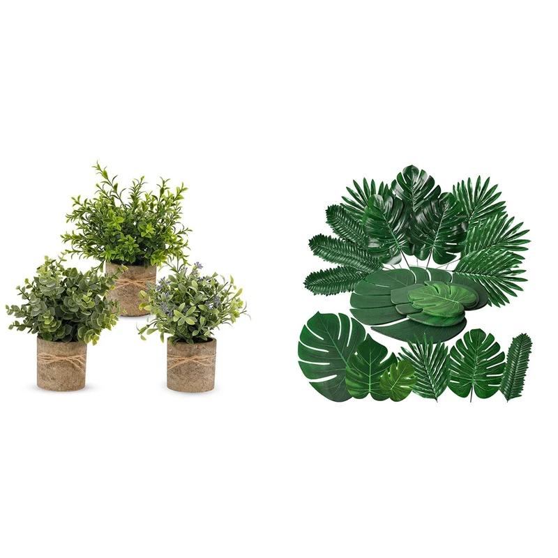 

AU -3PCS Artificial Potted Plants,Faux Eucalyptus Plants with 72PCS 6 Kinds Artificial Tropical Palm Leaves Fake Leaves