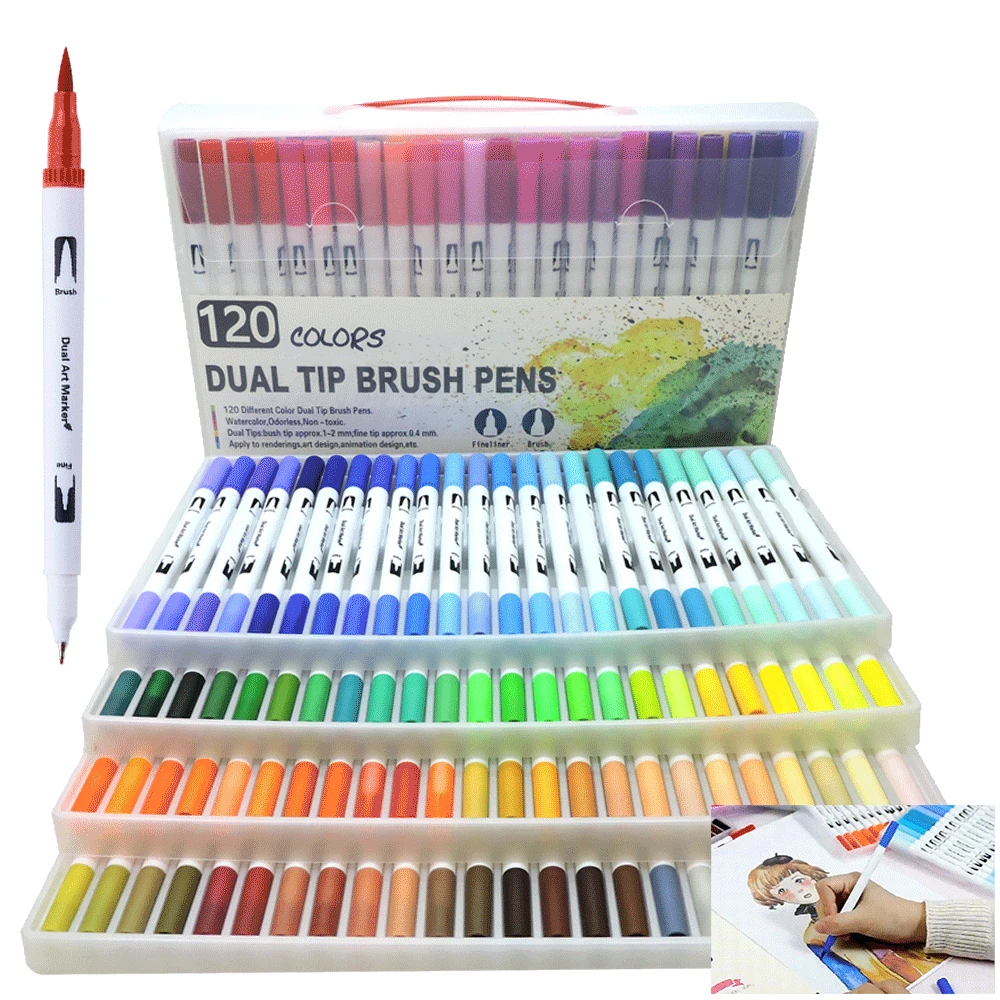 

120PCS Colors Dual Tip Brush Hand Painted Marker Pens Art Watercolor Fineliner Drawing Painting Stationery for Coloring Manga