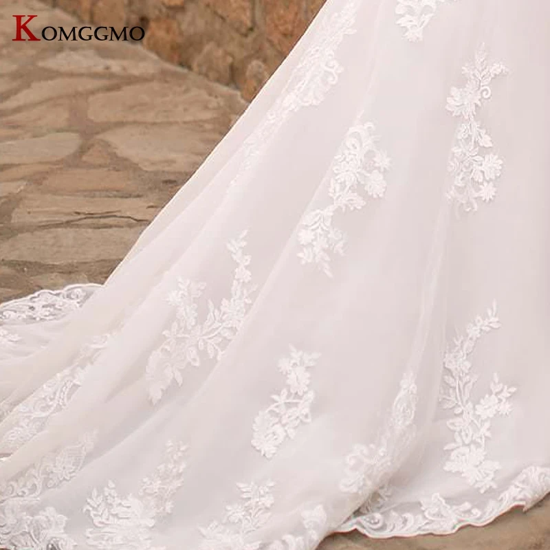 

Boat Neck Embroidery Appliques Tulle A-Line Wedding Dress 2021 Hot Sale Full Sleeve Off the Shoulder Button Back Bridal Gown