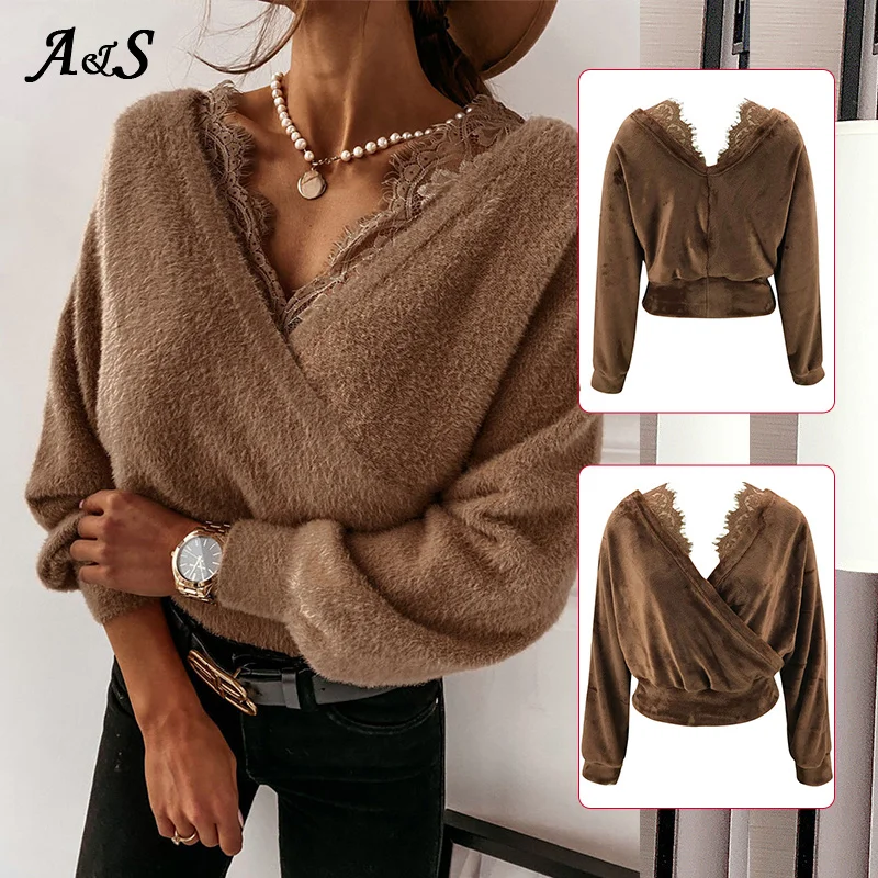 

Anbenser Solid Color Elegant Lace Sweaters Women Autumn Winter Sexy Off Shoulder Pullovers Top Ladies Casual Long Sleeve Sweater