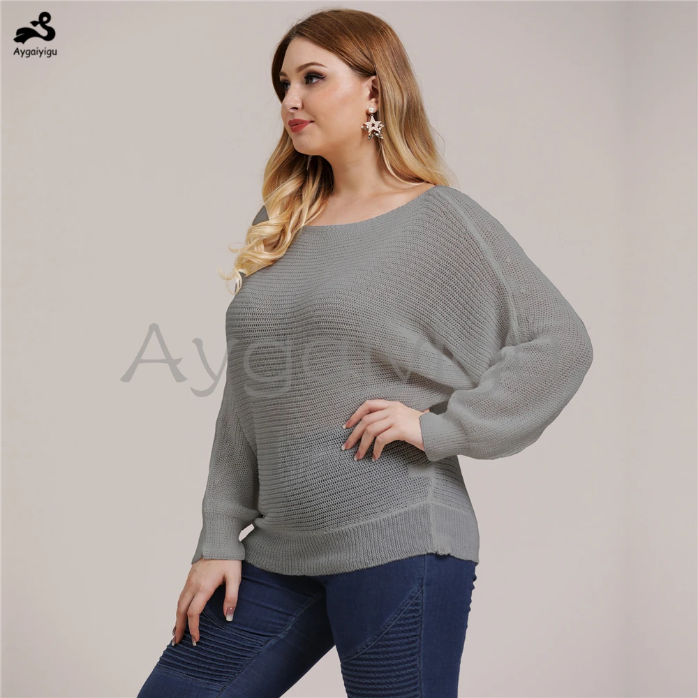 Aygaiyigu Large Big Size Sweaters Women Plus Female Basic Slash Neck Long Batwing Sleeve Simple Knitted Clothing | Женская одежда
