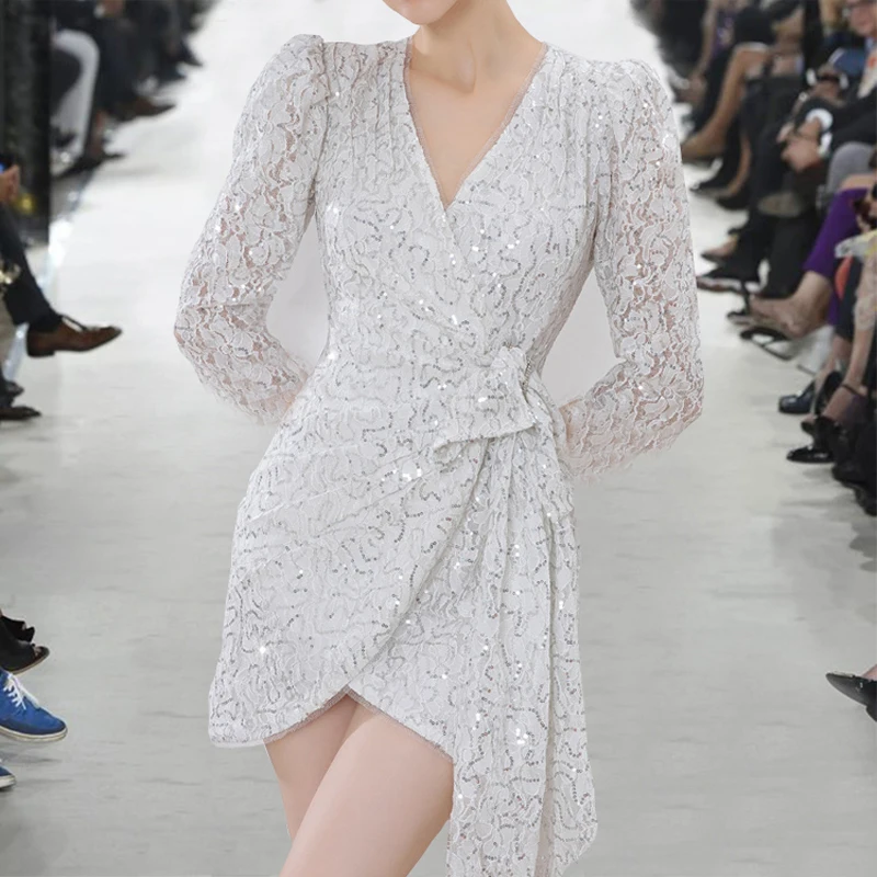 

Женское вечернее платье с блестками, белое Плиссированное мини-платье на шнуровке с V-образным вырезом, элегантное роскошное вечернее плать...