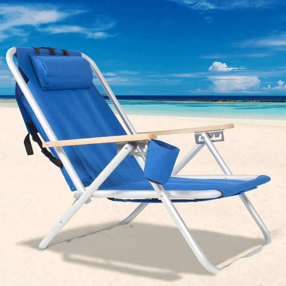 

Портативный высокопрочный пляжный стул с регулируемым синим подголовником