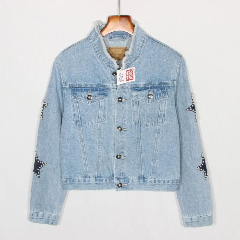 

Vintage Stand Collar Wash Blue Denim Jacket Women Slim Outwear Chaqueta Mujer Beading Long sleeve Short Jeans Jacket Coat Female
