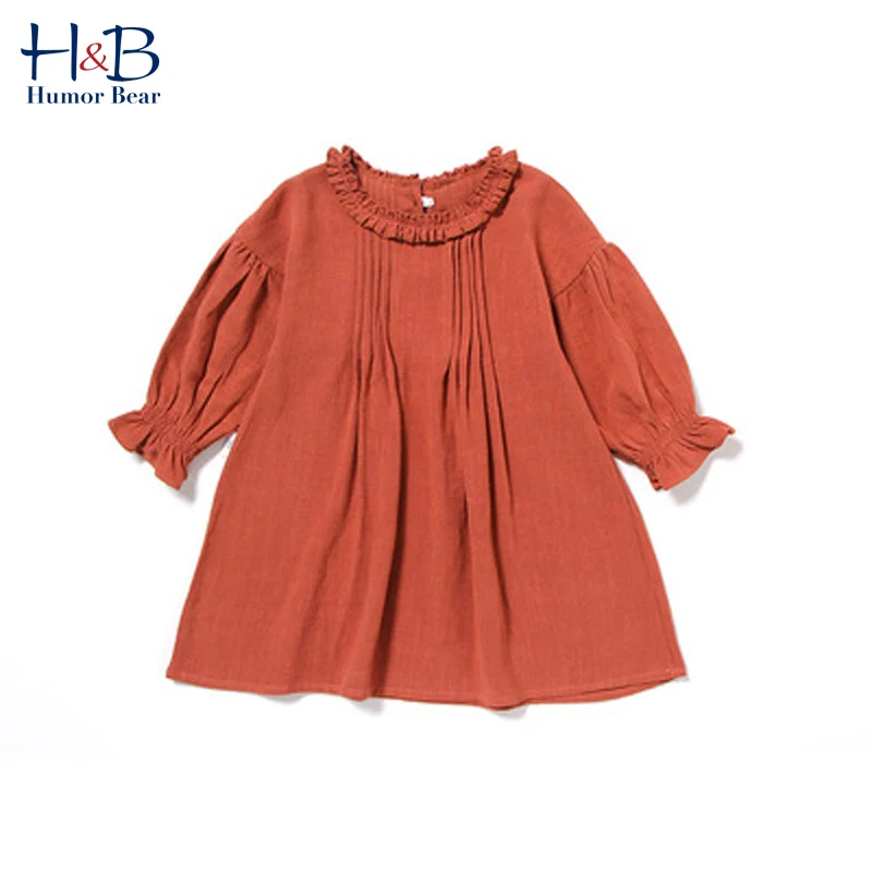 

Платье для девочек Humor Bear, новинка, весна-осень, с расклешенными рукавами, однотонное, с оборками на воротнике, милая детская одежда для мален...
