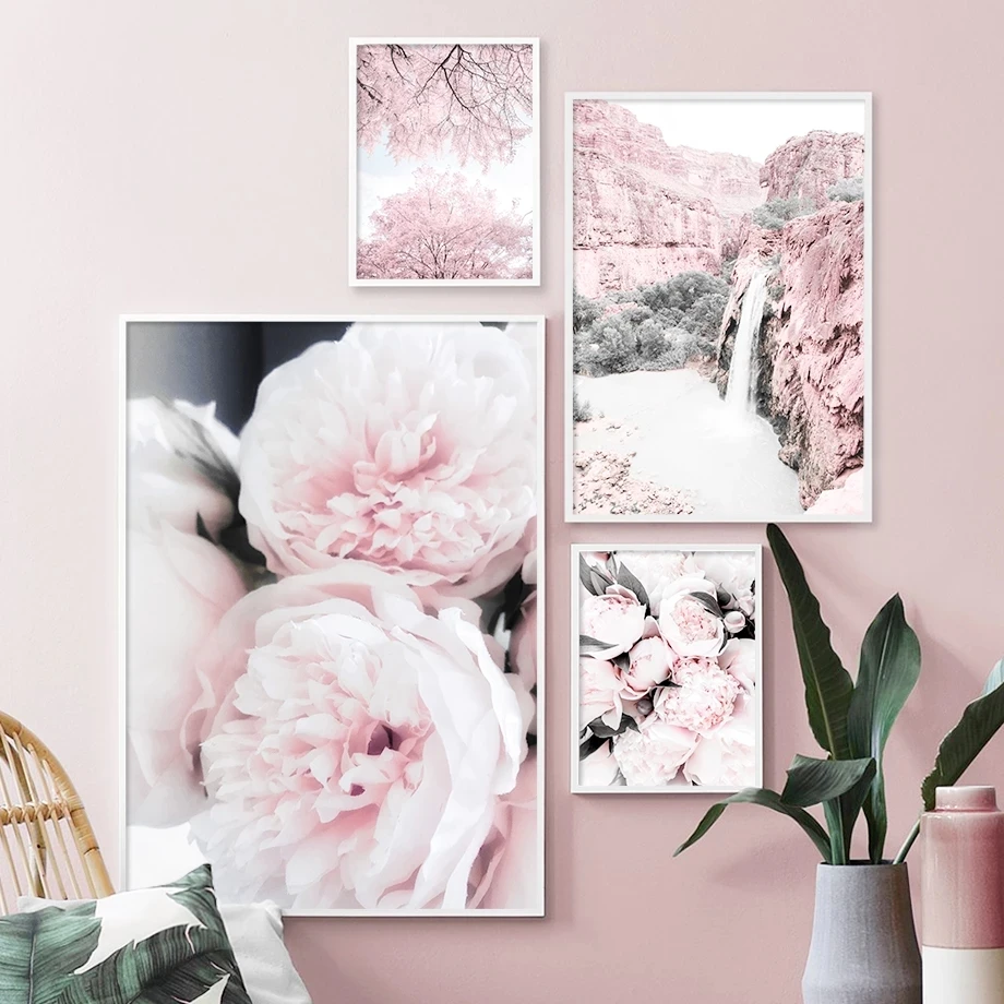 

Pink Cherry Blossoms Peony Carnation Flower Mountain Nordic Poster & Print Wall Art Canvas Painting Wall Picture For Room Decor