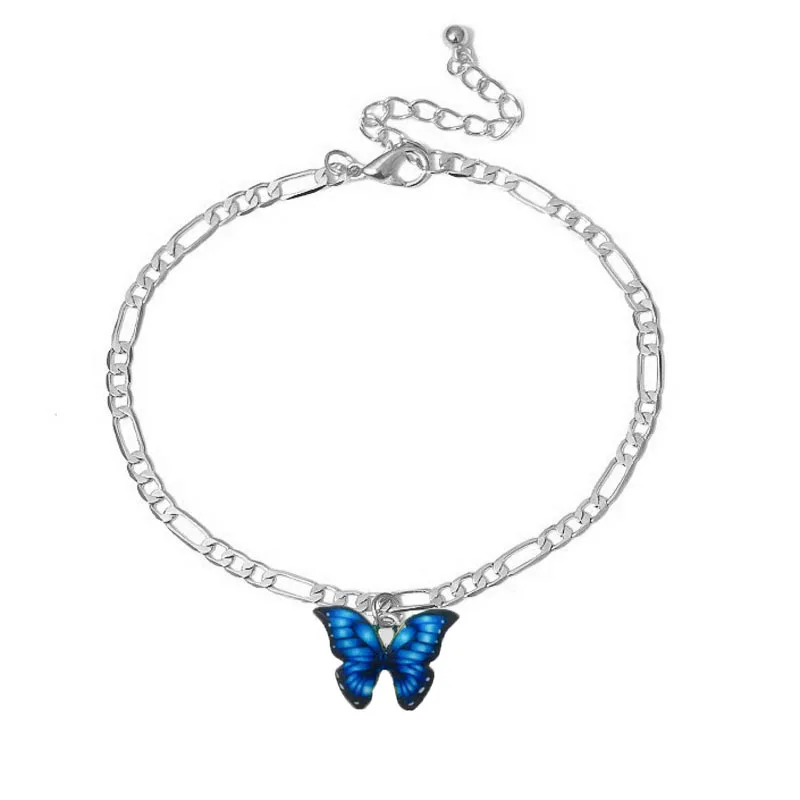 Анклет-бабочка женский модный ножной браслет серебристого цвета с синей