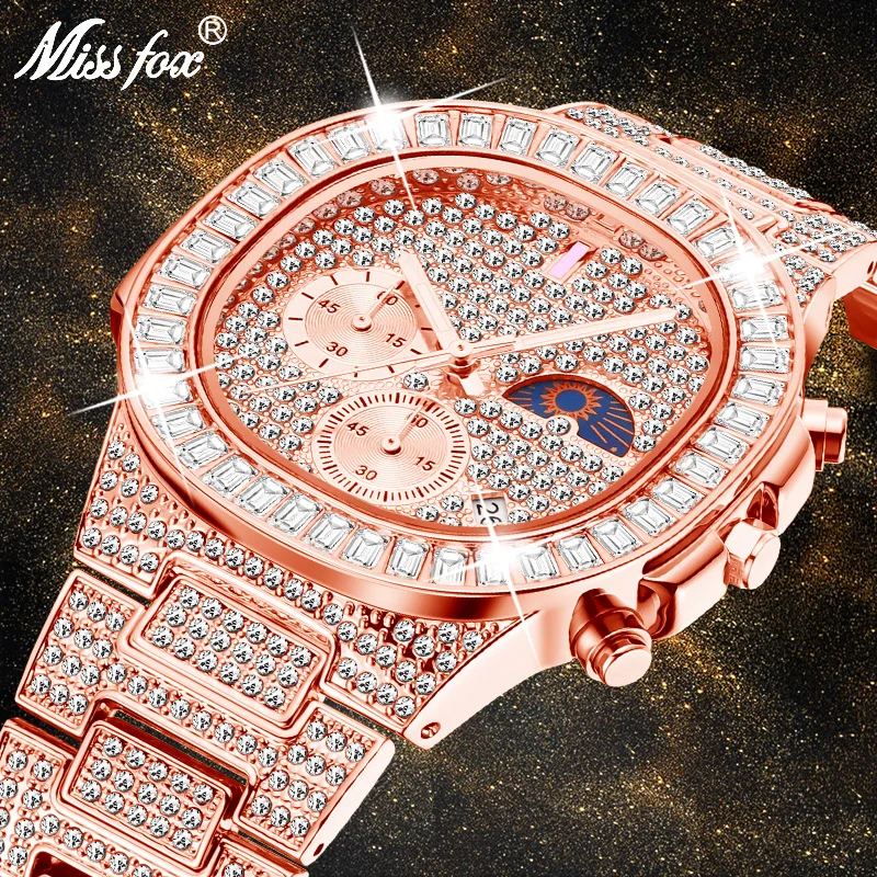 MISSFOX Роскошные мужские часы золотые 18K Nautilus модель полностью вымощенные багет