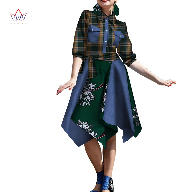 African Women Plaid Shirt Dress Fashion Half Sleeve Earring  African Clothing Dashiki Plus Size Sexy Party Dress WY3142
