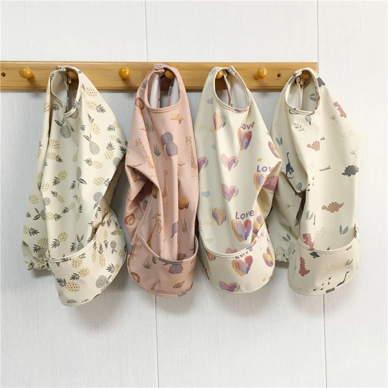 

Toddler Burp Cloth Soft PU Waterproof Smock with Pocket Infant Self Feeding Apron Baby Long Sleeve Bib With Pocket