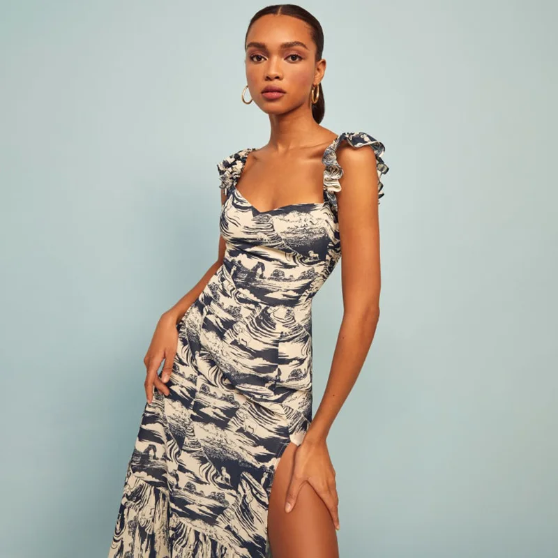 

Women Dress Fashion Summer Clothing Elastic Waist Ruffle Skirt Sexy Sling Mid-length Print Dress OL Holiday Party Casual Wear