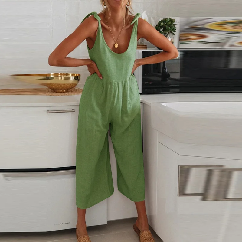 

Solid Spaghetti Strap Bow Women's Jumpsuit Sleeveless Backless Wide-leg Pants Jumpsuits Female 2021 Summer Lady Causal Rompers