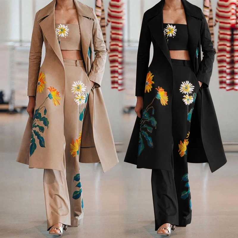 

2021 New Fashion Women's Autumn Winter Floral Print Windbreaker+Chest Wrap+Pants Suit S-XL Long Coat Slim Pants Three Piece Sets