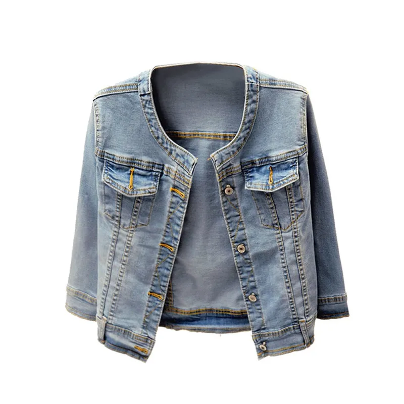 Denim Jackets Trendy XU Washed Three Quarter Sleeve Stretch Collarless Short Jeans Coat