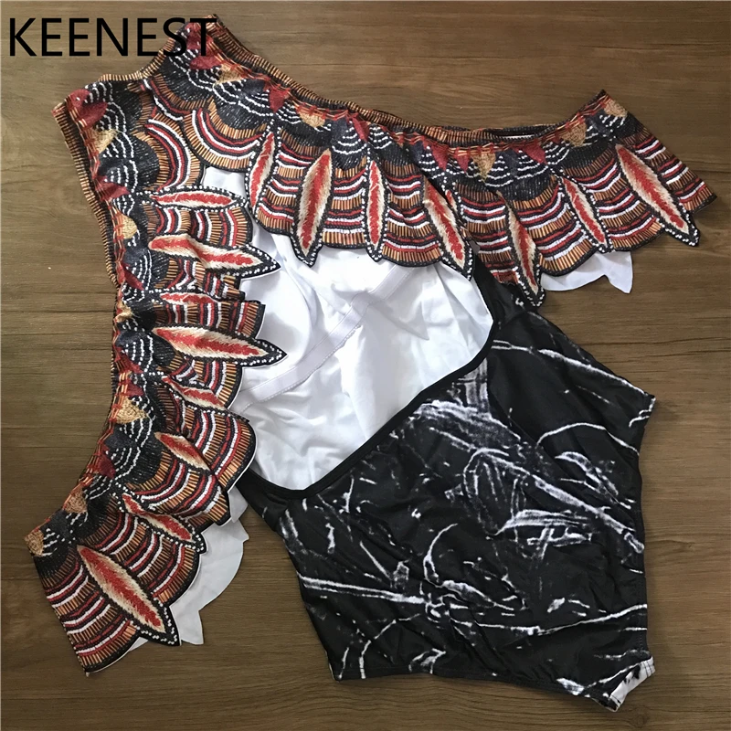 KEENEST/винтажный купальный костюм с принтом племени; купальный костюм с пуш-апом; женская одежда для плавания с оборками