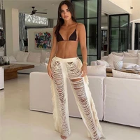 adogirl solid knitted women straight pant tassel sexy hollow out trousers high waist female trousers