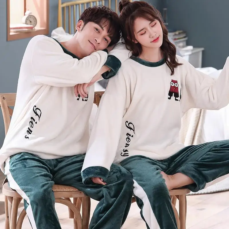 

Coral fleece pajamas for men and women in winter thick warm long-sleeved pullover trousers 2-piece set cute cartoon printing cou