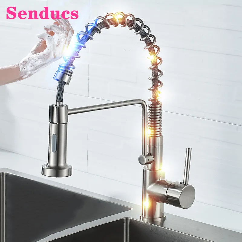 

Touch Spring Kitchen Faucet Senducs Brushed Nickel Sensor Pull Out Kitchen Mixer Tap Black Bronze Touch Kitchen Sink Faucets