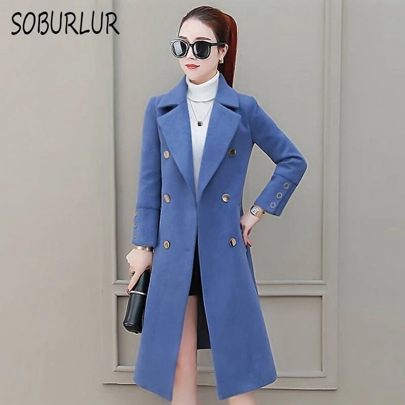 Fashion Winter Jacket Women's Double Breasted Mid-length Wool Coat Solid Color Korean Slim Female Woolen Plus Size | Женская одежда