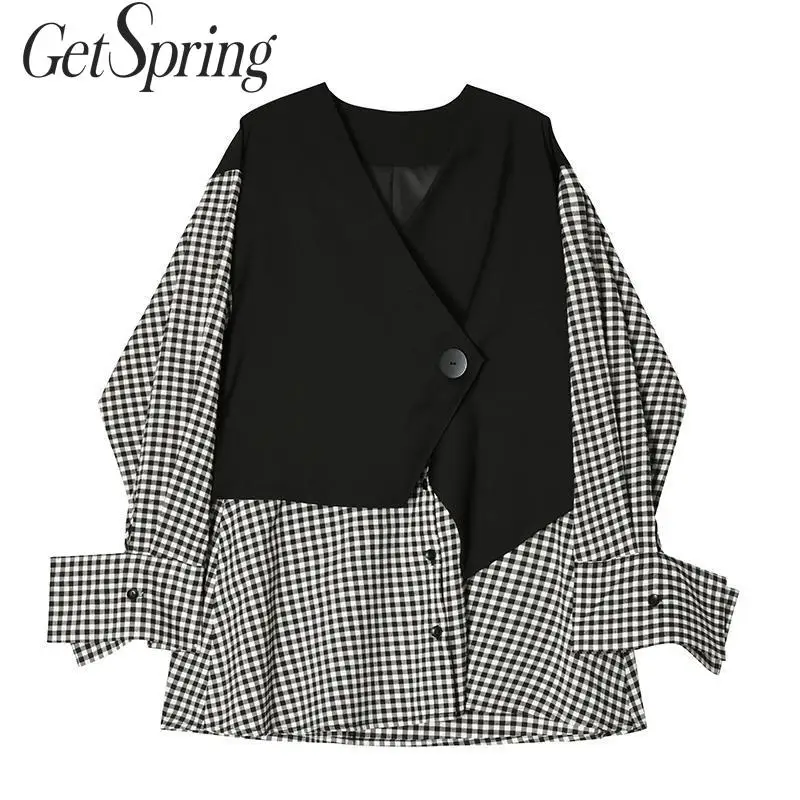 Getвесенняя женская блузка с v образным вырезом и длинным рукавом клетчатая