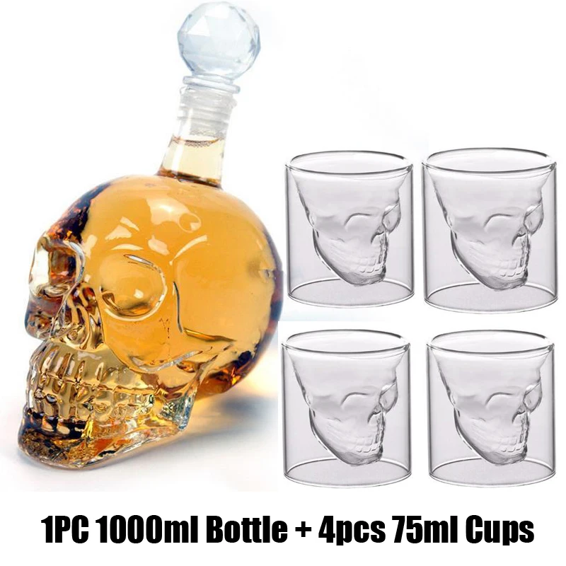 

Glass Skull Head Bottle Cup Set 1000ml Crystal Glasses Decanter With 250ml 150ML Mug Wine Whiskey Shot Glasses Cups Set