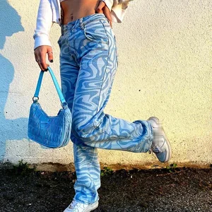 Прямые брюки Капри женские Harajuku мешковатые брюки с высокой талией Повседневная винтажная Корейская уличная одежда свободные брюки с принтом для женщин