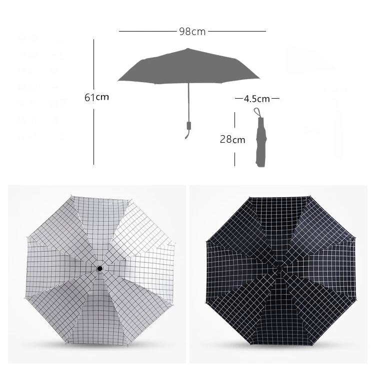 Зонтик в клетку черно белый женский зонт 3 складной от дождя двойного назначения