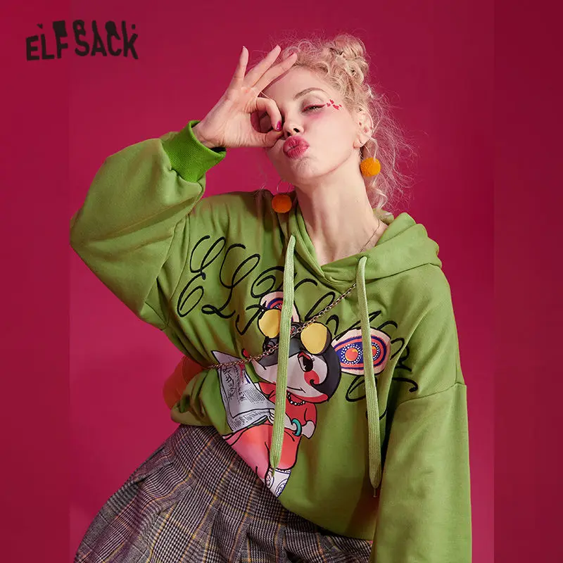 ELFSACK зеленый однотонный с принтом крысы капюшоном толстовки для женщин 2019 зима