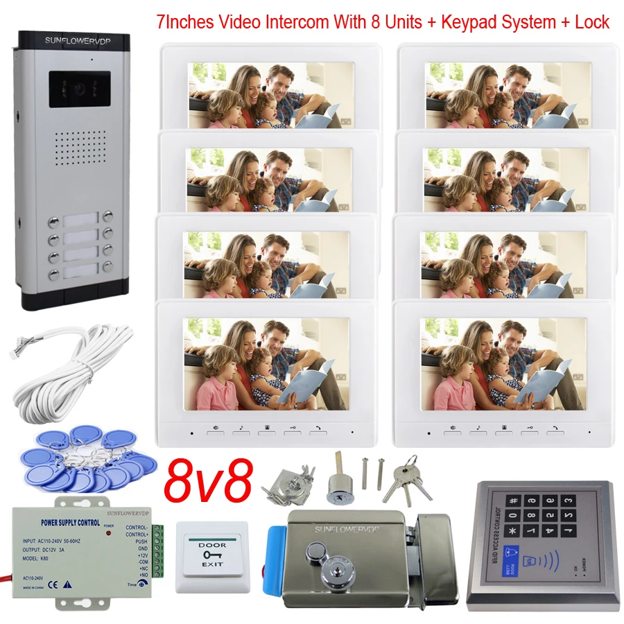 SFAC-V7OH-8V8-lock Клавиатура контроля доступа 2-8 квартиры видео Дверная панель ввода цвета " внутренний монитор видеодомофон с электронным замком двери комплект - Цвет: SFAC-V7OH-8V8-lock