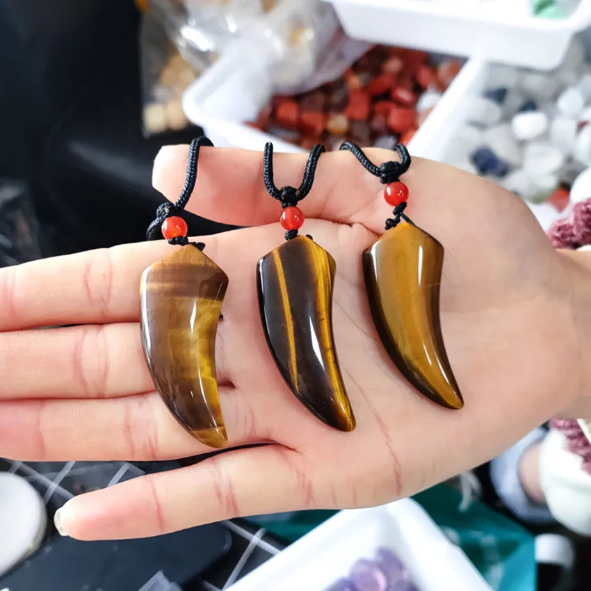 

FYJS Unique Jewelry Handmade Weave Horn Shape Natural Tiger Eye Stone Pendant Rope Chain Necklace
