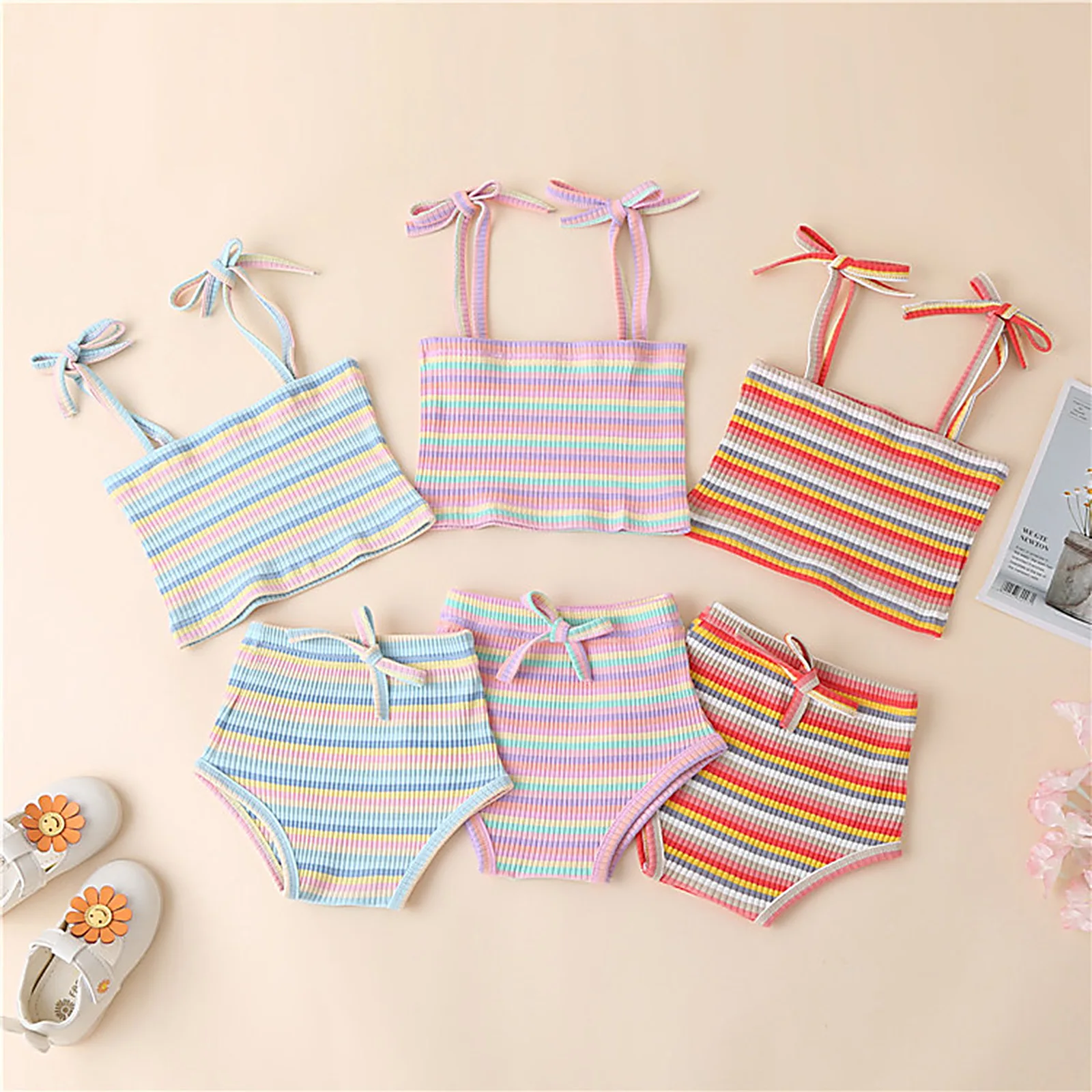 

OPPERIAYA 2Pcs Toddler Summer Tracksuit Striped Tied Spaghetti Straps Vest High-Waist Pantie Suit for Baby Girls 0-18 Months