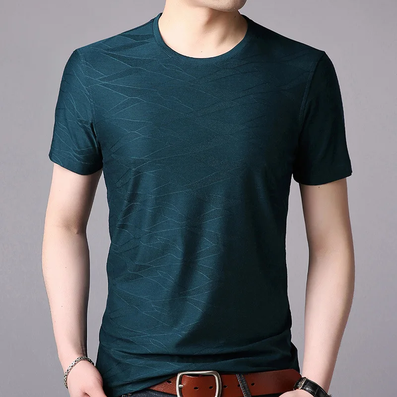 

2021 summer new men's silk short sleeve T-shirt round neck solid color men's Short Sleeve T-Shirt