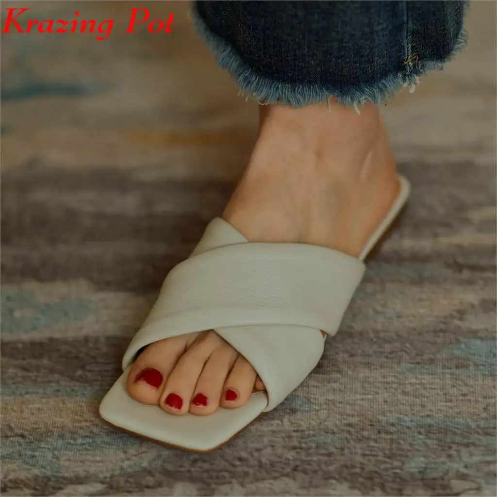 

lenkisen chic concise design natural leather peep toe flat with flip flops slip on mules high fashion outside slippers women