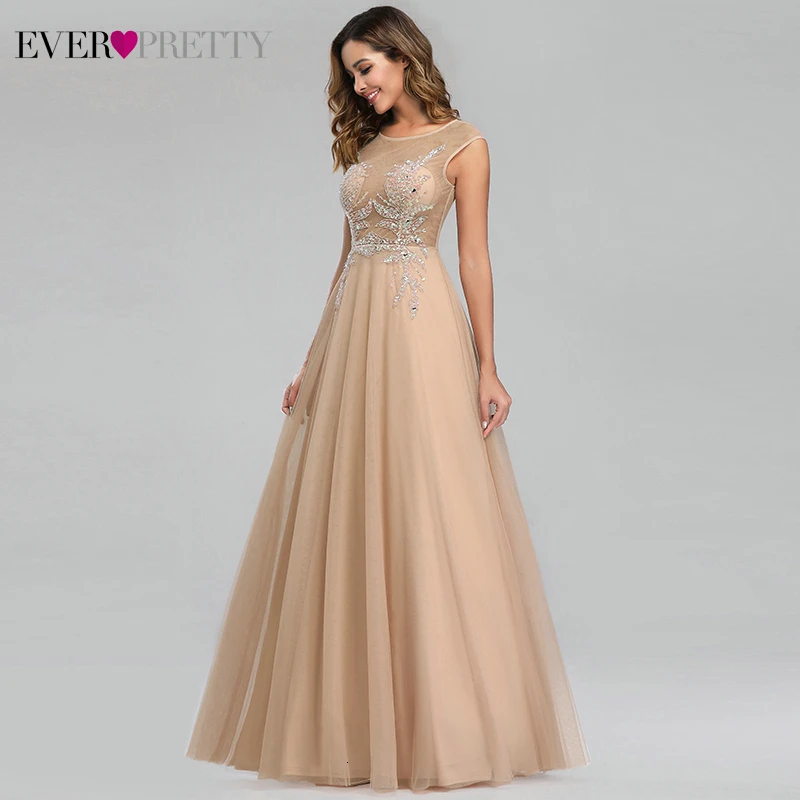 Luxury Evening Dresses Long Ever Pretty A-Line Double O-Neck Beaded See-Through Sexy Formal Evening Gowns Abendkleider