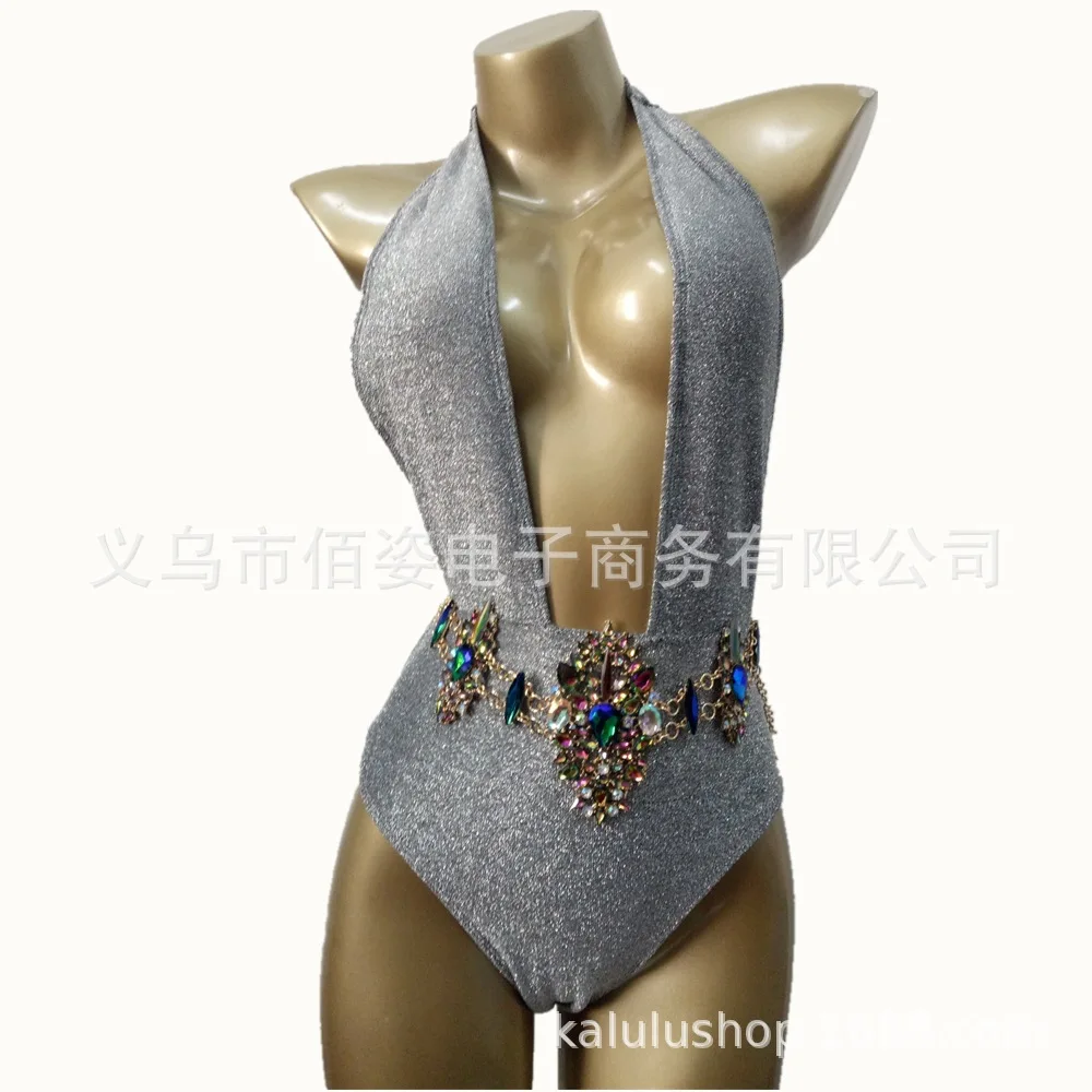 

2021 Hot Bikini Shiny Silver One-Piece Swimsuit Sexy Deep V-neck Diamond Crystal Belt Swimsuit