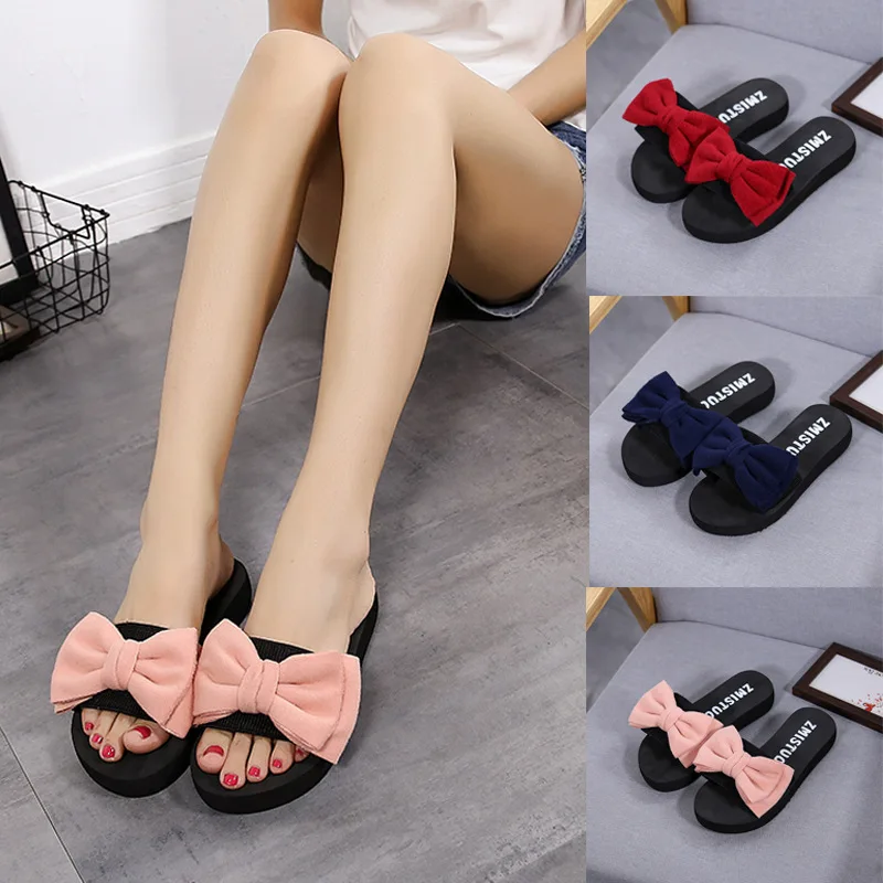 

3cm Heel Slippers Women Summer Bow Sandals Slipper Indoor Outdoor Flip-flops Beach Shoes Female Shoes chaussons femme 2021