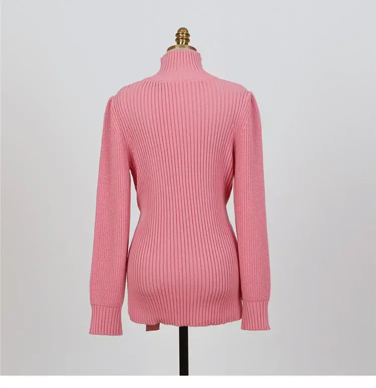 

Korean Knitted Turtleneck Women Sweater 2020 Autumn Winter Pullover Puff Sleeve Belt Pull Jumper Femme Elegant Vintage Sweaters