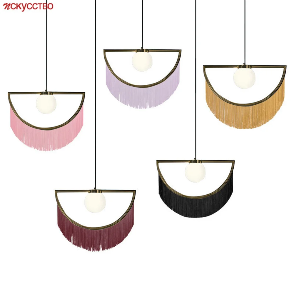 

Подвесные светодиодные светильники в богемном стиле, потолочные светильники с кисточками из розовой и черной ткани для столовой, стола, кух...