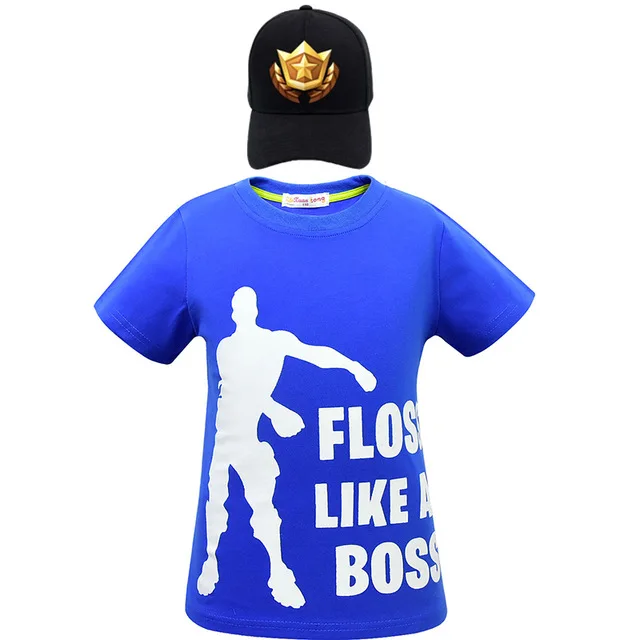 Летняя футболка для мальчиков с надписью «FLOSS LIKE A BOSS»+ Кепка, топы с героями мультфильмов «Superhero Venom Fortress», ночной головной убор, футболки для больших детей, хлопковая одежда - Цвет: 2232blue-cap