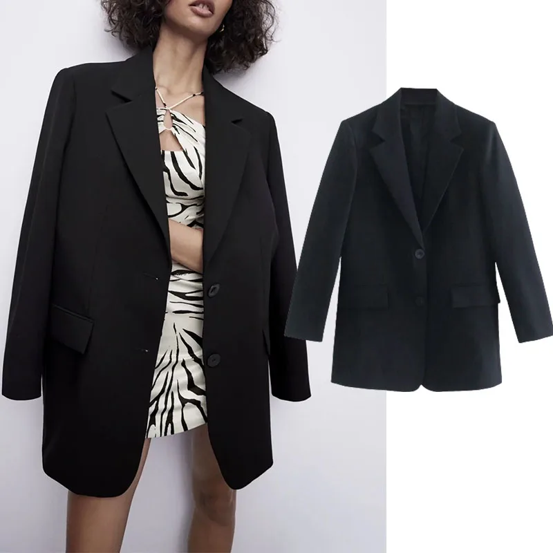 

Za 2021 Women Fashion With Pockets Double Shoulder pads Long Suit coat Back Vents Female Outerwear Chic Vesters