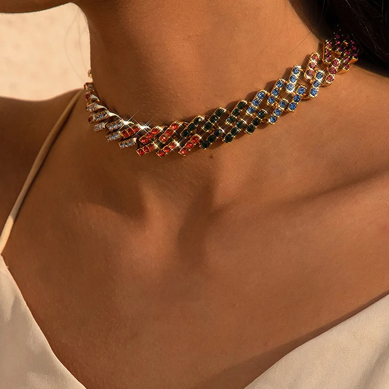 

New Vintage Crystal Miami Cuban Chain Necklace for Women Kpop Aesthetic Multicolor Rhinestone Choker Wedding Jewelry Gift 2021