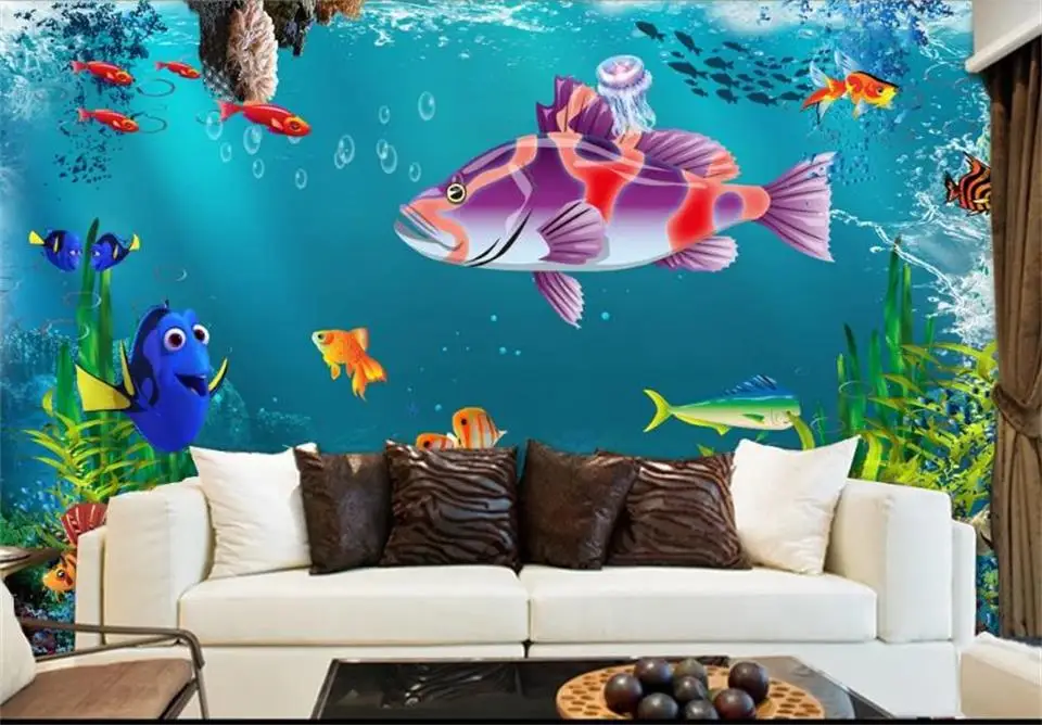 Пользовательские размеры 3d фото обои Гостиная Фреска подводный мир цвет рыбы
