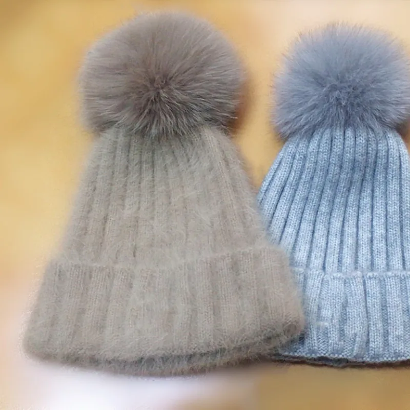 Шапка женская с помпоном из лисьего меха Зимняя шерстяная шапка модная