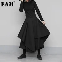 eam high elastic waist black asymmetrical wide leg trousers new loose fit pants women fashion tide spring autumn 2021 1n683