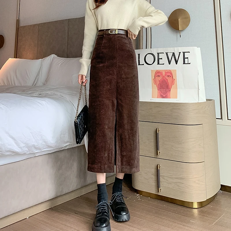 

Женская Вельветовая юбка средней длины, Вельветовая юбка-трапеция до колен с разрезом и завышенной талией в стиле ретро, весна-осень 2021