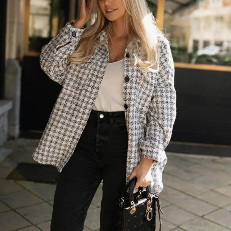 

Vogue Vintage Woman Loose Plaid Textured Coat Autumn-Winter Fashion Ladies White Soft Outerwear Female Casual Oversized Jackets